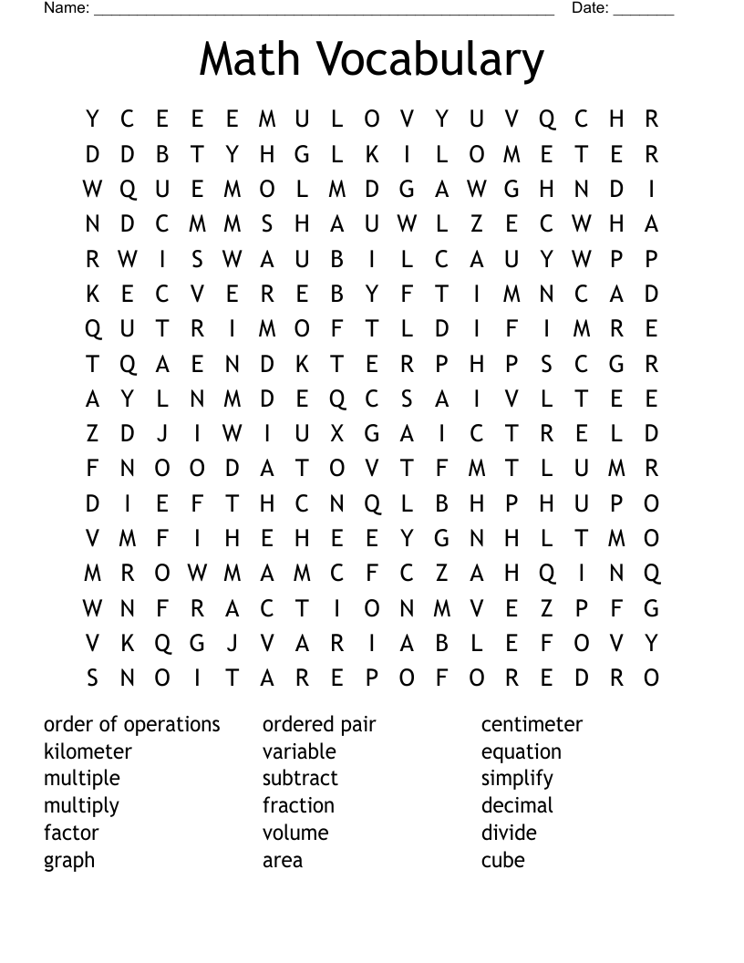 Math Vocabulary Word Search