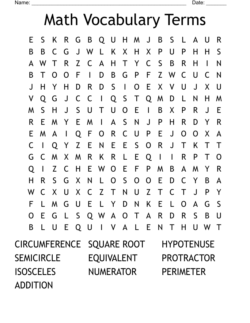 Math Vocabulary Terms Word Search WordMint