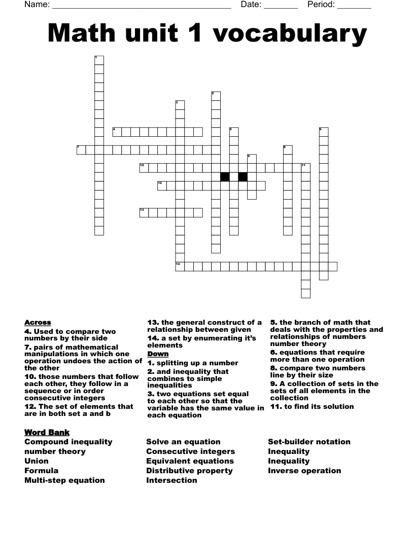 Math unit 1 vocabulary  Crossword
