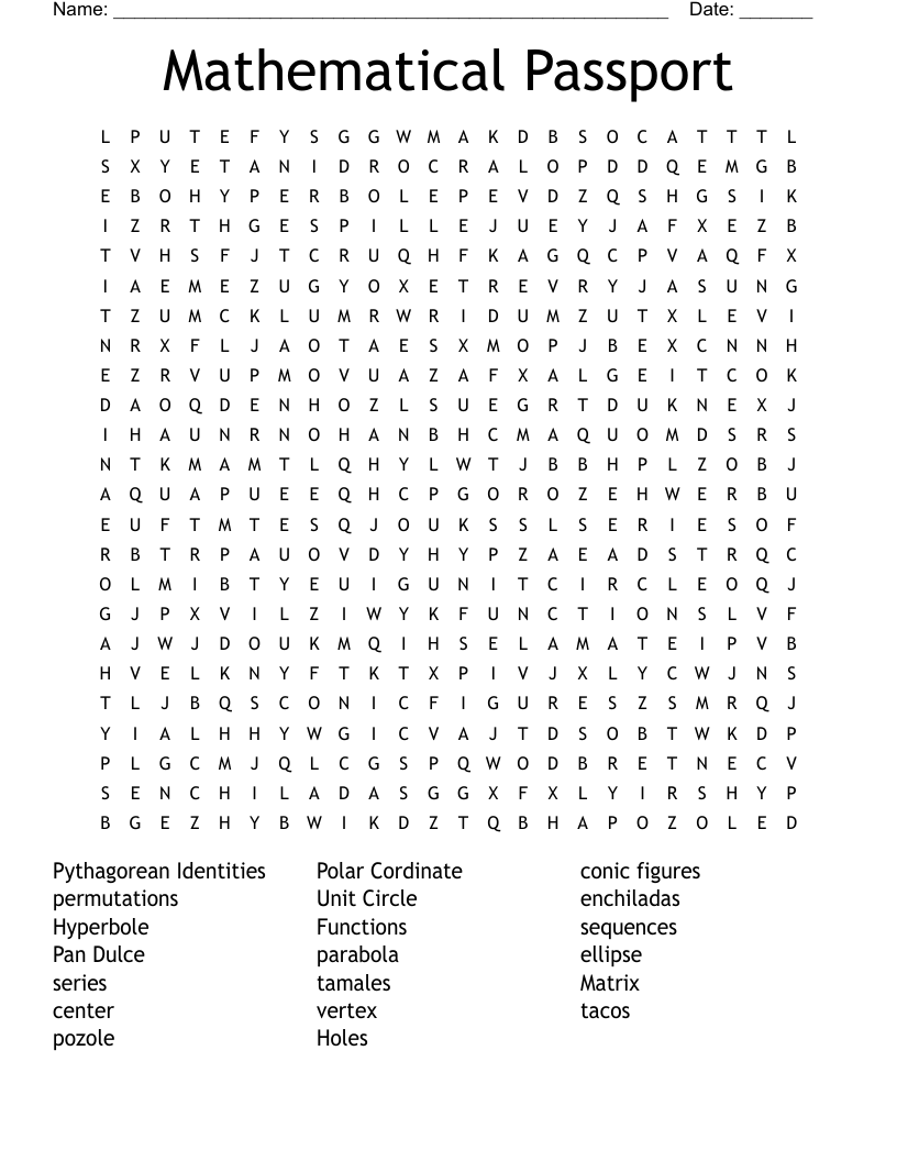 Mathematical Passport  Word Search