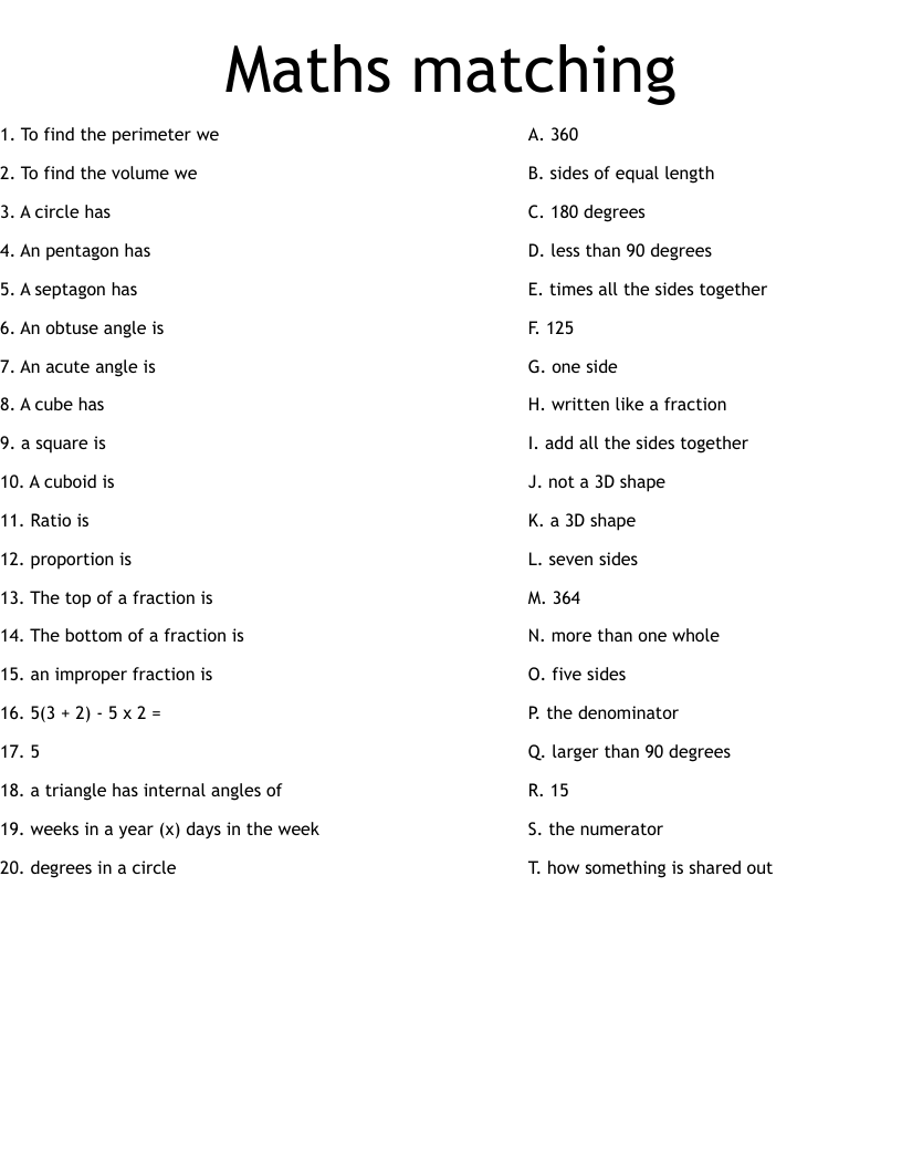 Maths matching Worksheet