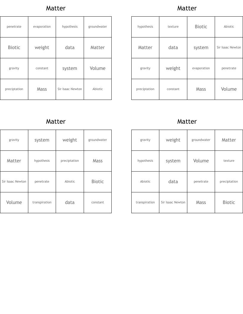 Matter Bingo Cards