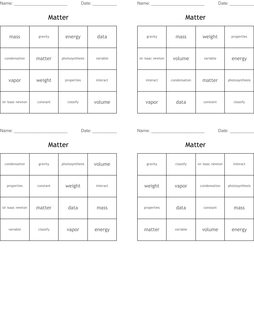 Matter Bingo Cards