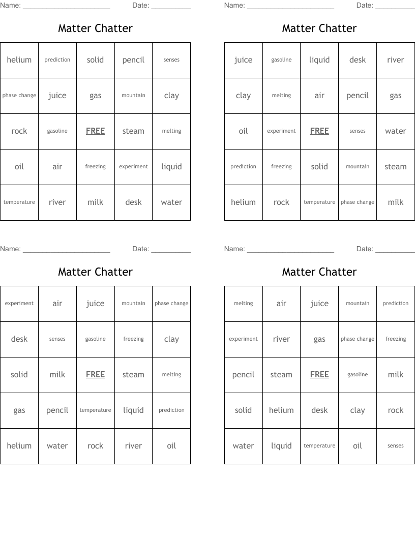 Matter Chatter Bingo Cards