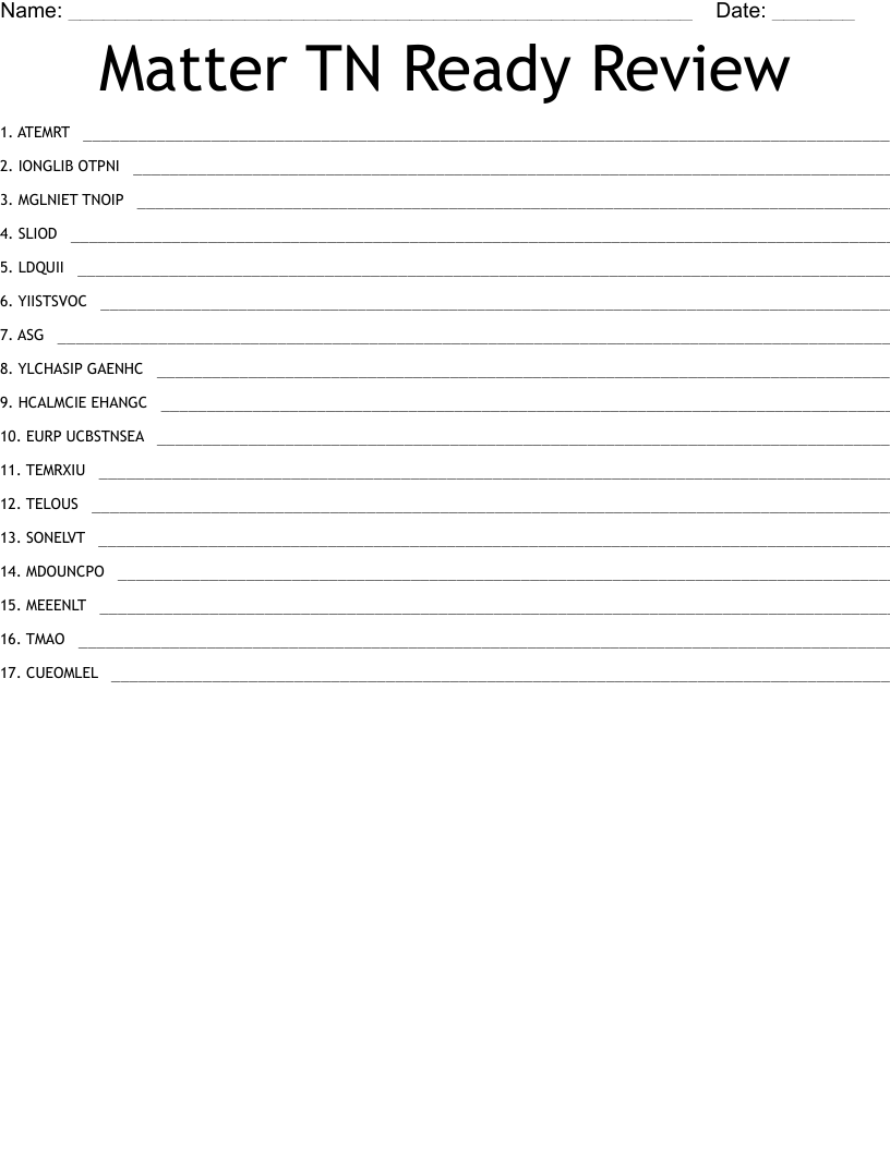 Matter TN Ready Review Word Scramble