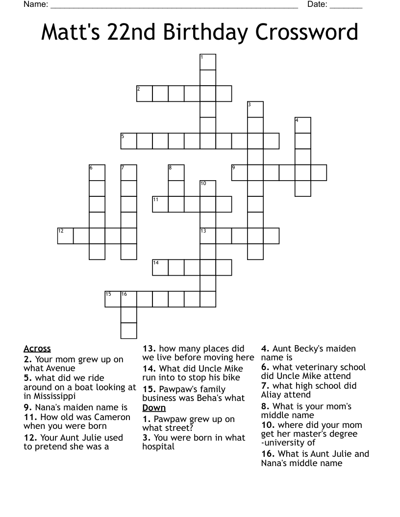 Matt's 22nd Birthday Crossword