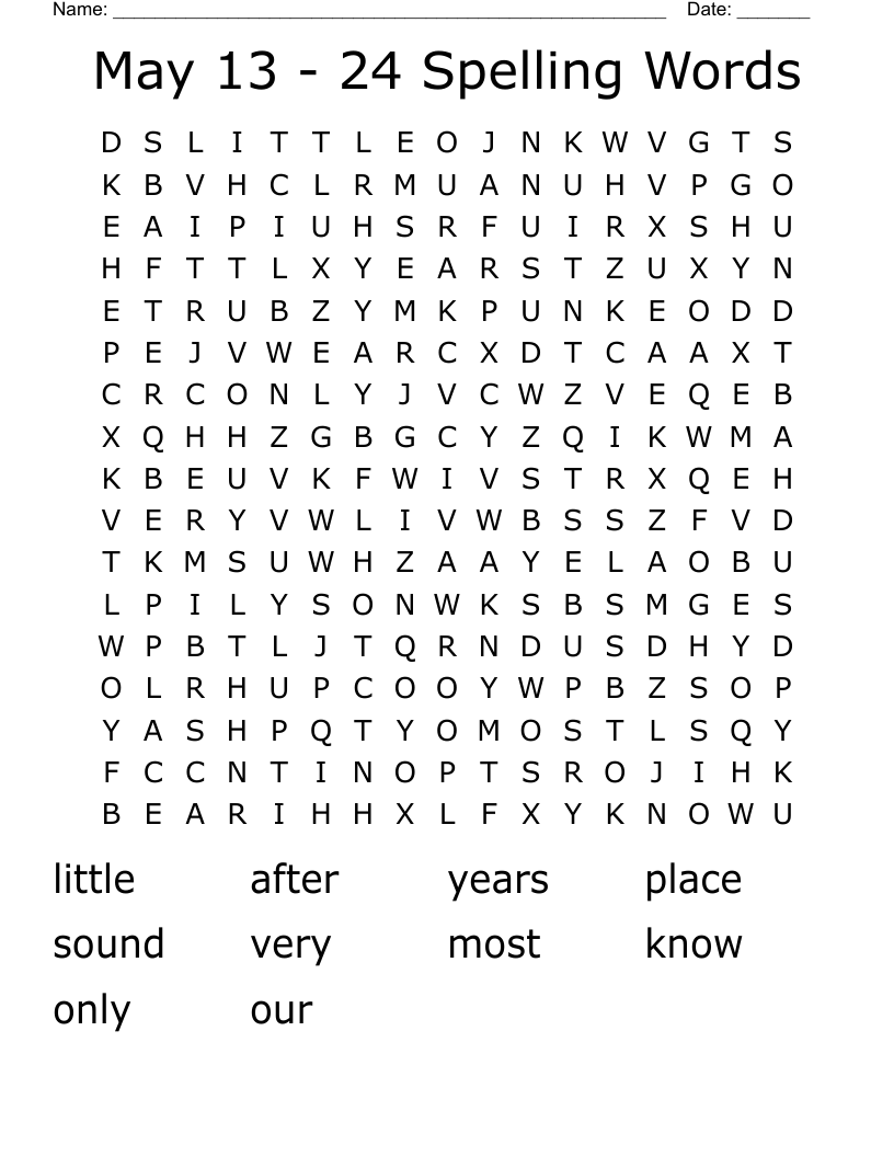 May 13 - 24 Spelling Words Word Search