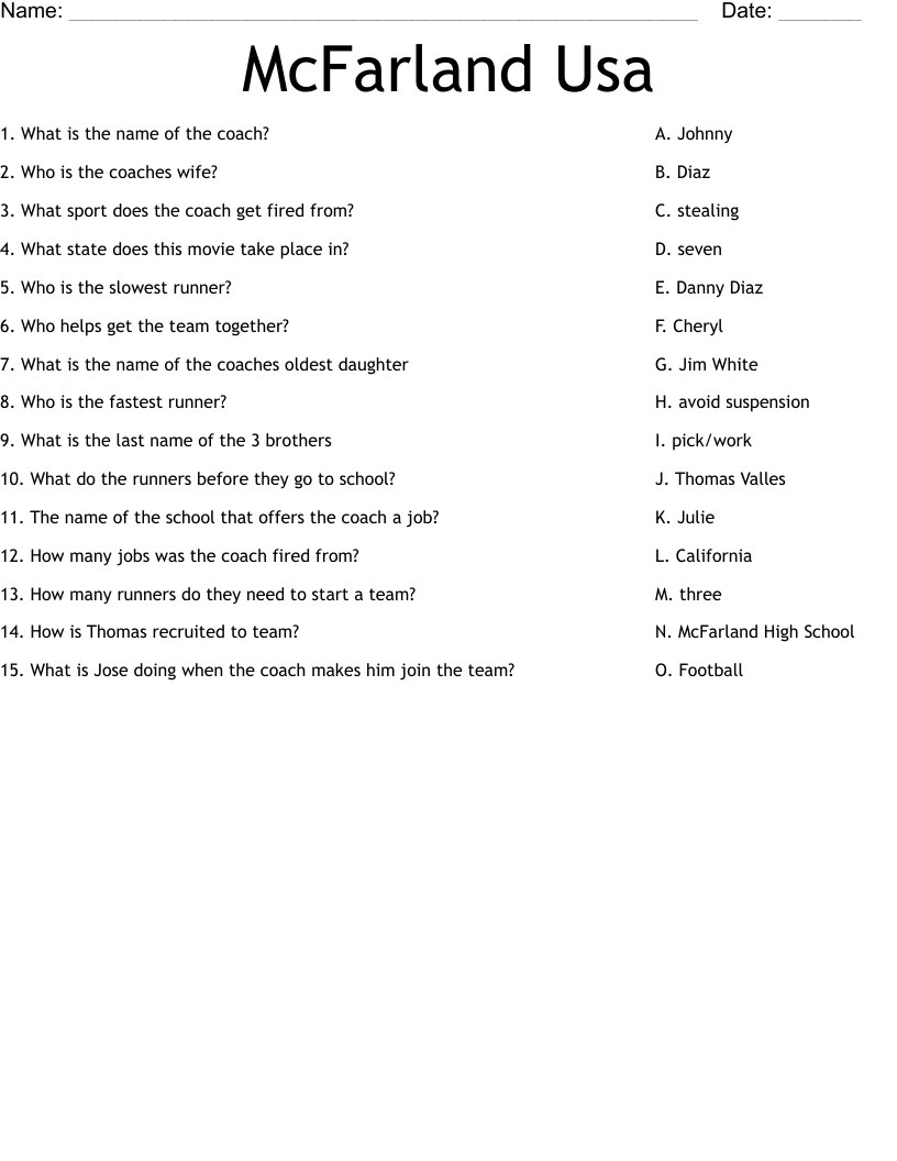 McFarland Usa Worksheet - WordMint