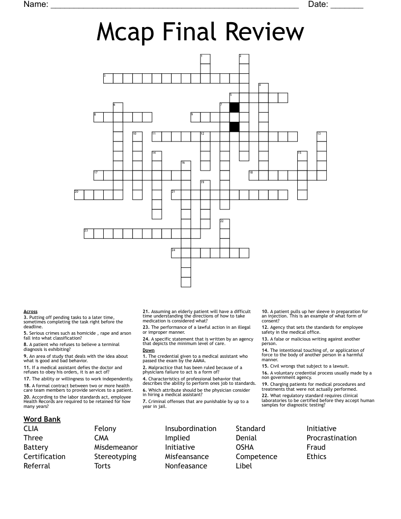Mcap Final Review Crossword WordMint