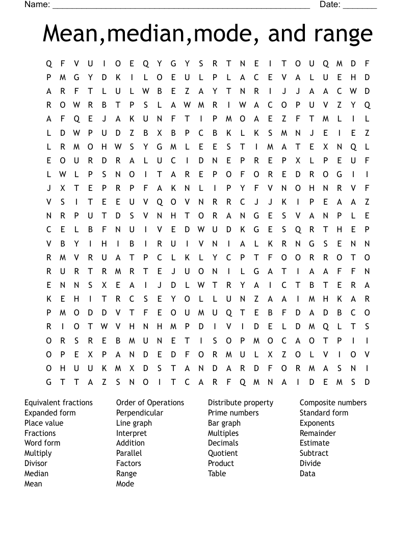 Mean,median,mode, and range Word Search