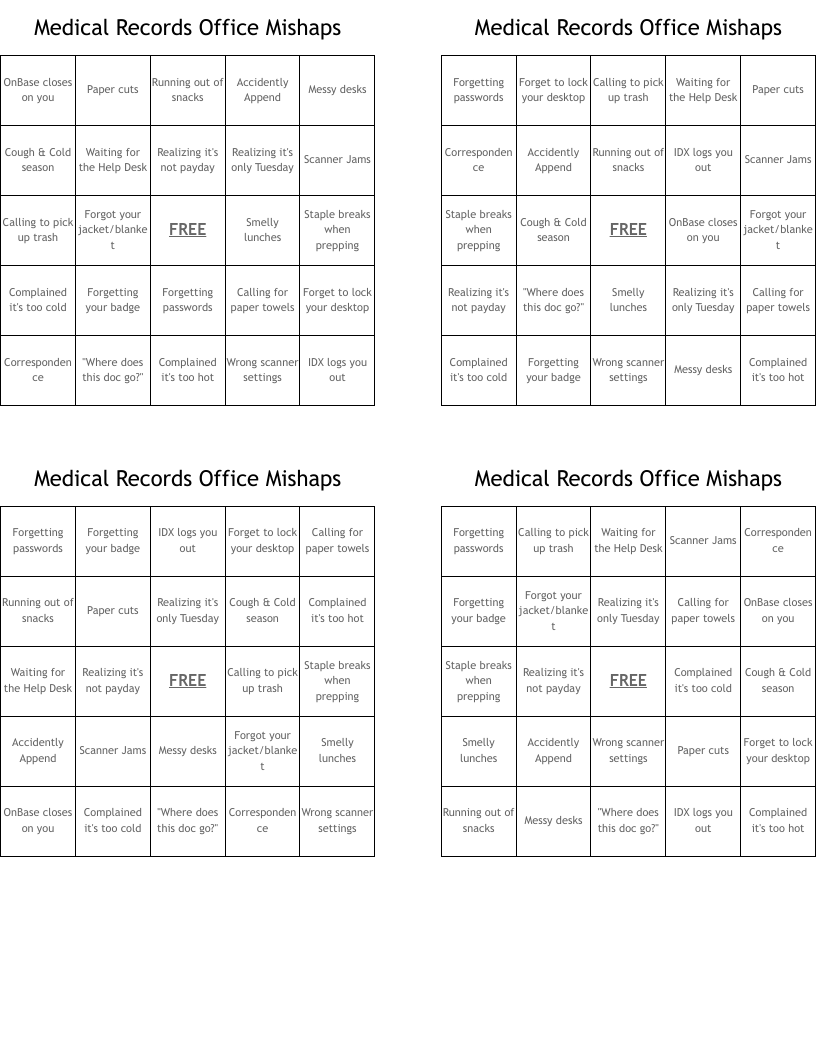 Medical Records Office Mishaps Bingo Cards