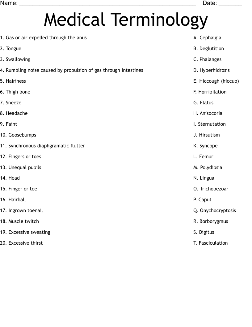 Medical Terminology Worksheet - WordMint