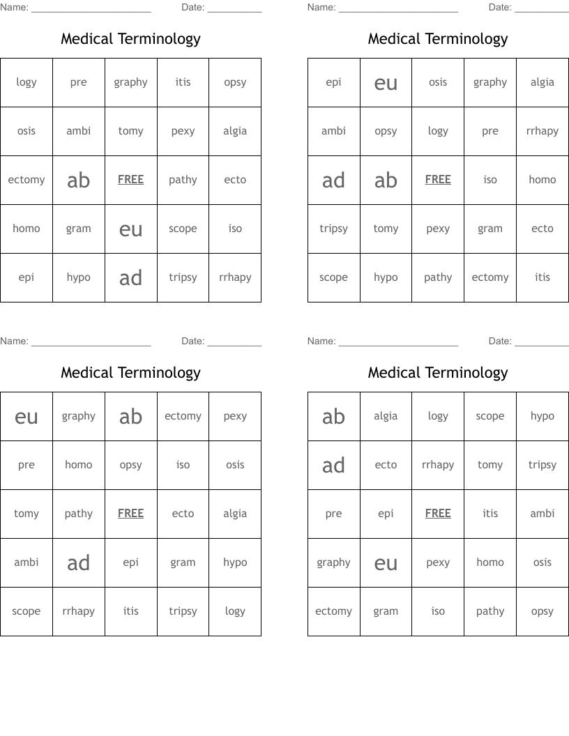 Medical Terminology Bingo Cards - WordMint