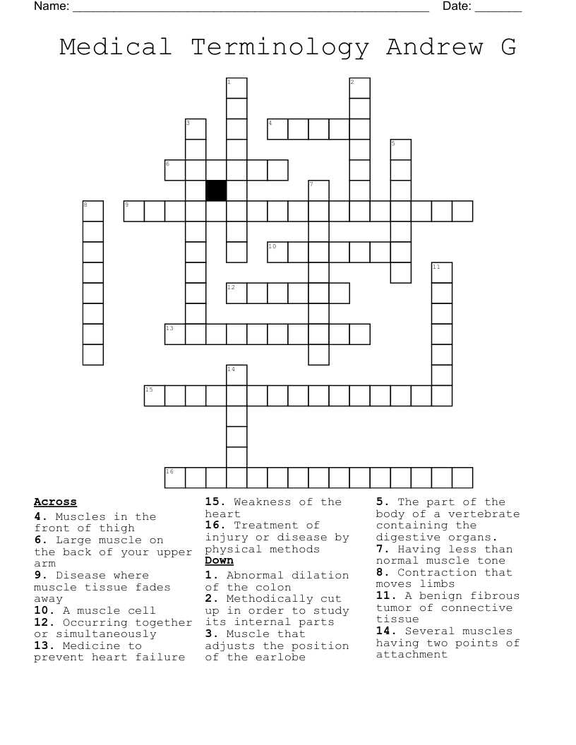 Medical Terminology Andrew G Crossword