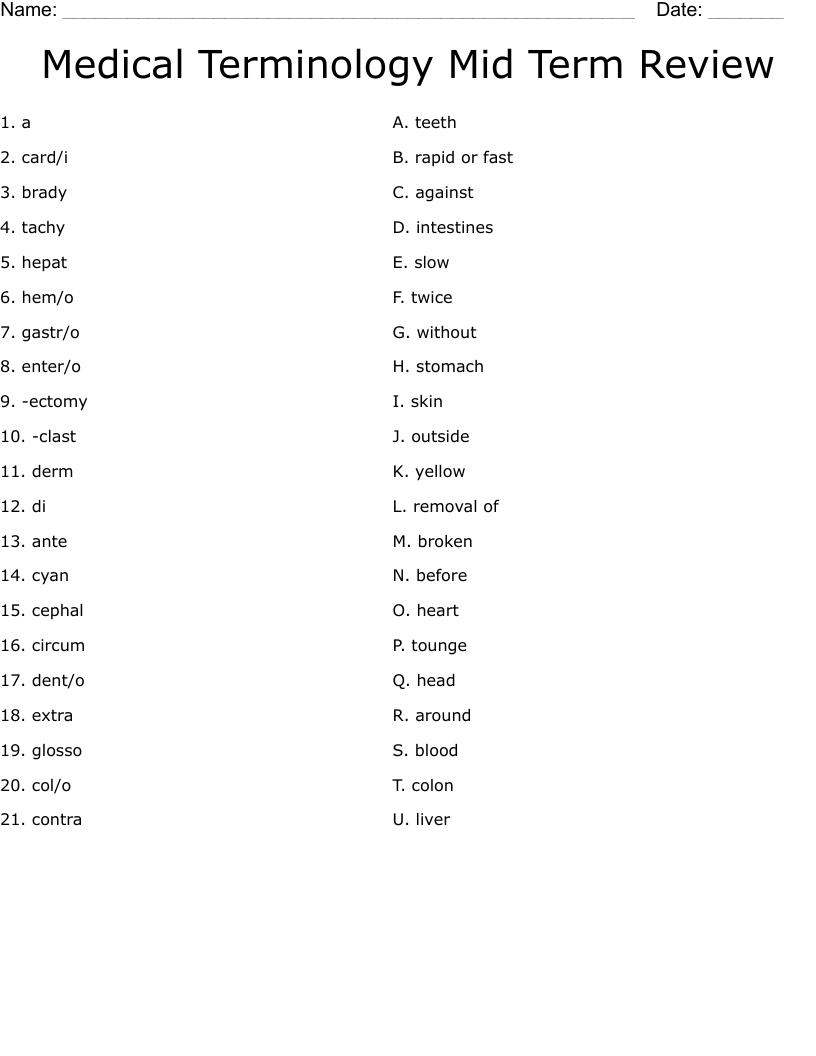 Beginner Printable Medical Terminology Worksheets