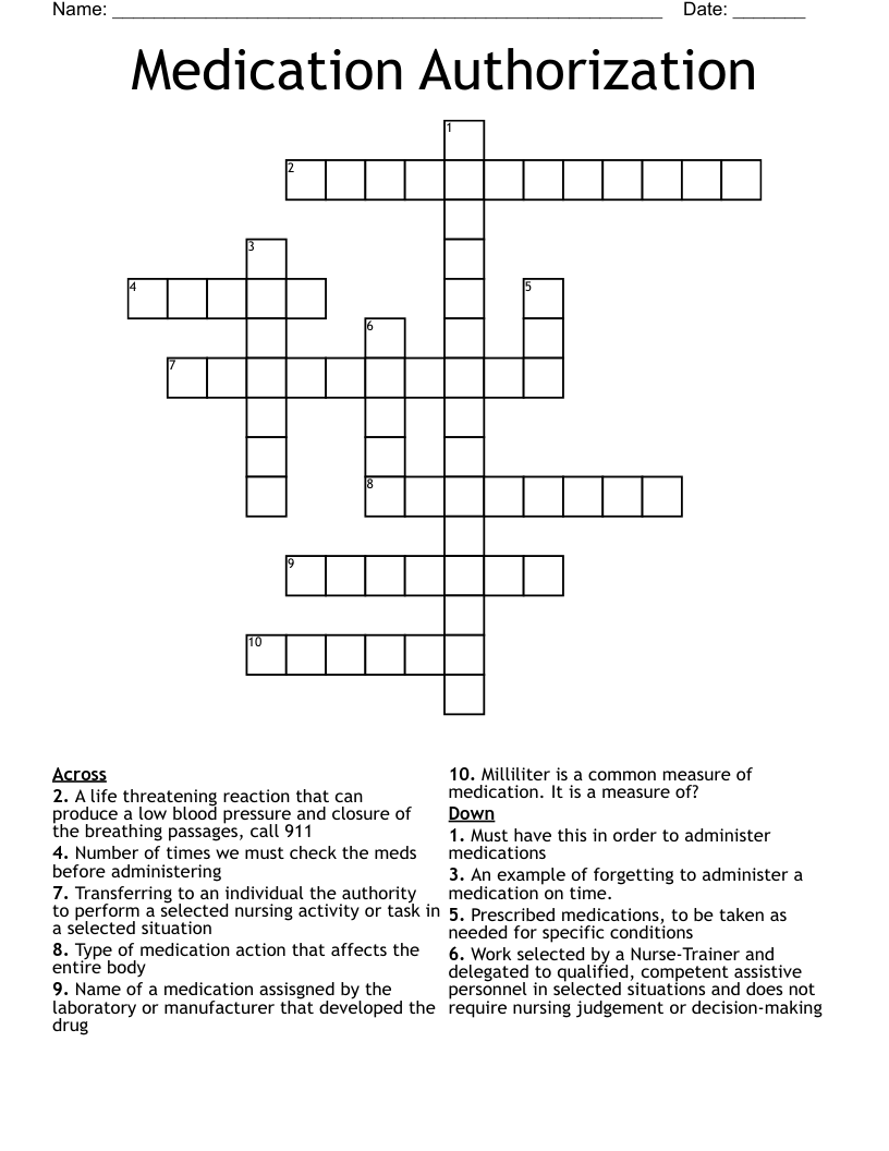 Medication Authorization Crossword