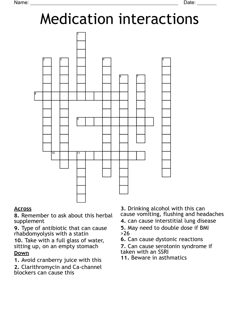 Medication interactions Crossword