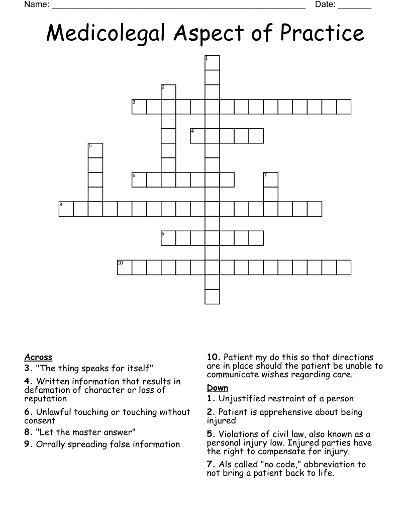 Medicolegal Aspect of Practice  Crossword