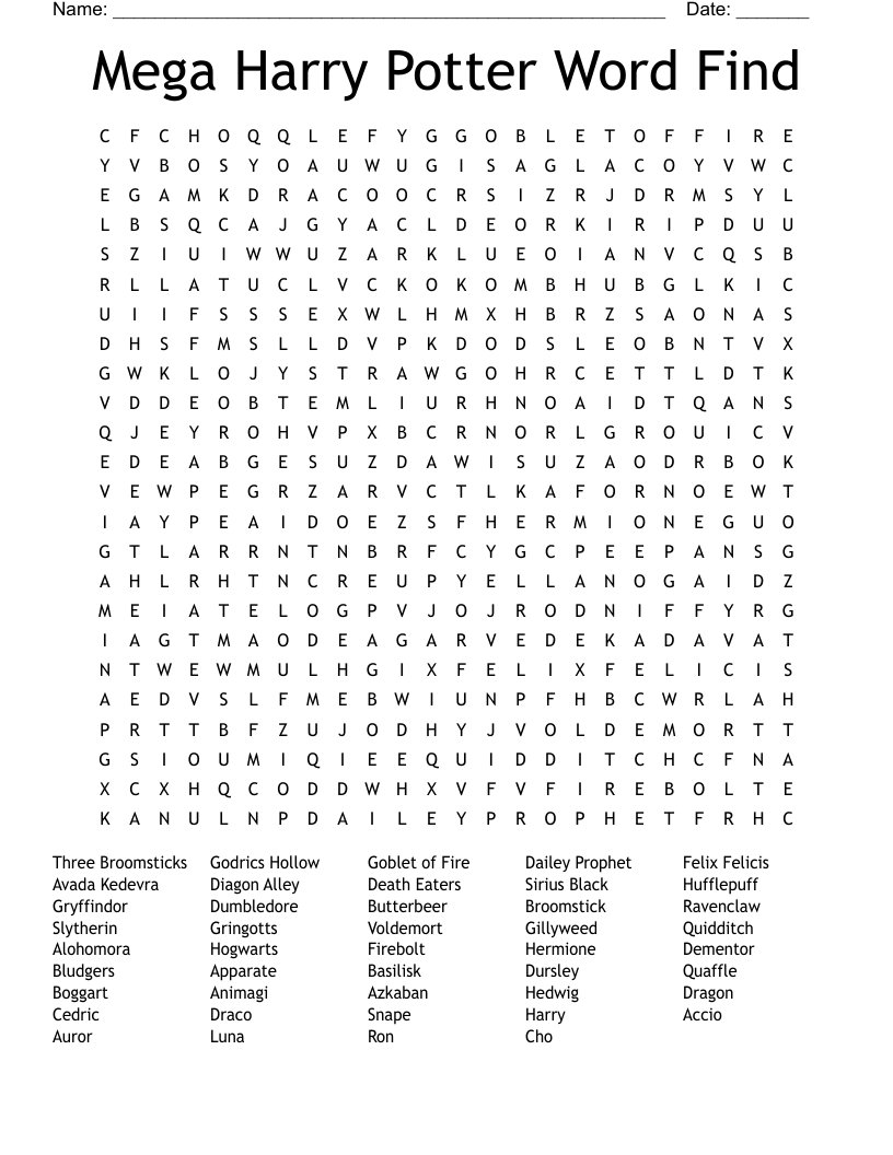 Harry Potter Word Search WordMint