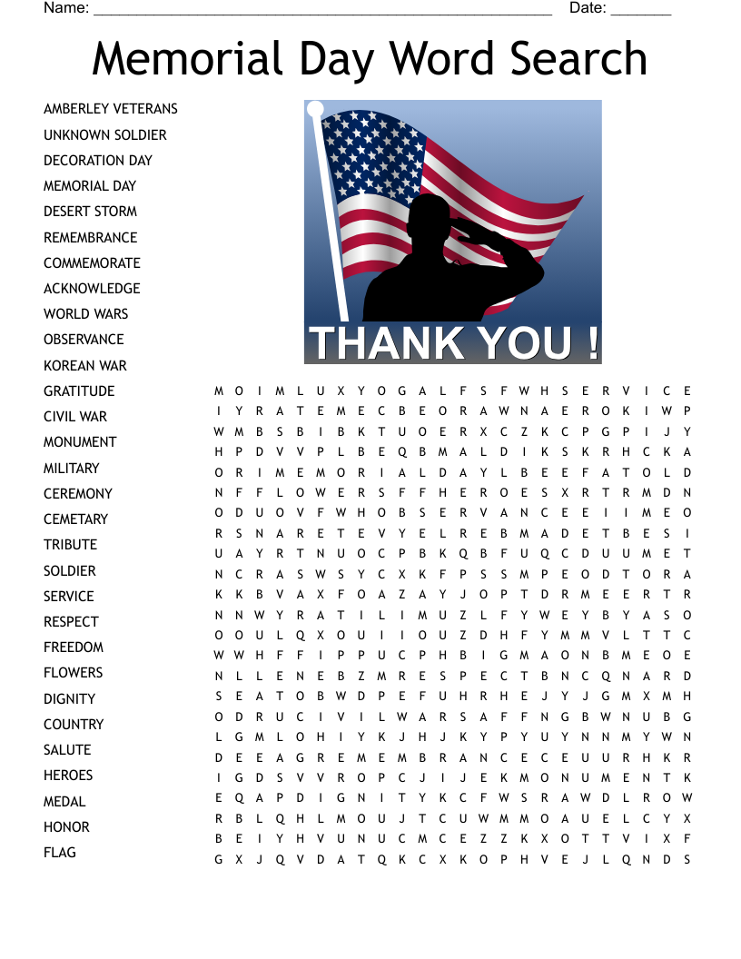 Memorial Day Word Search - WordMint