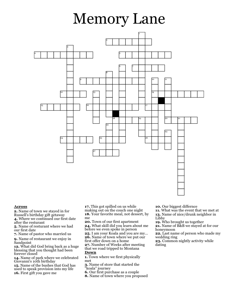 Memory Lane  Crossword