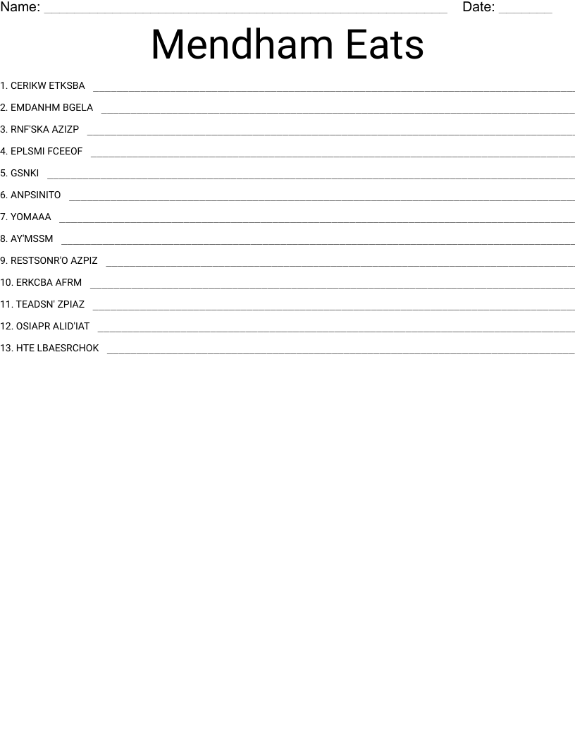 Mendham Eats Word Scramble WordMint