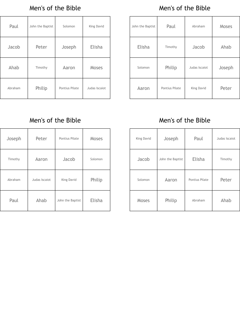 Men's of the Bible Bingo Cards