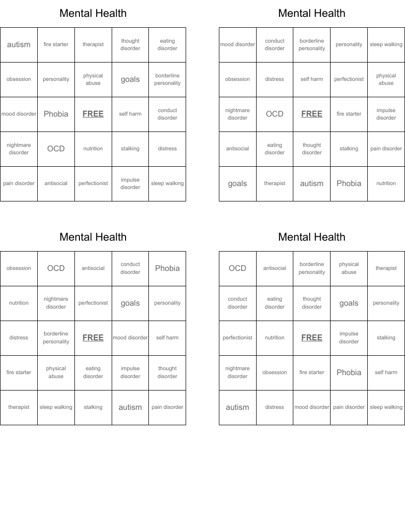 Mental Health Bingo Cards