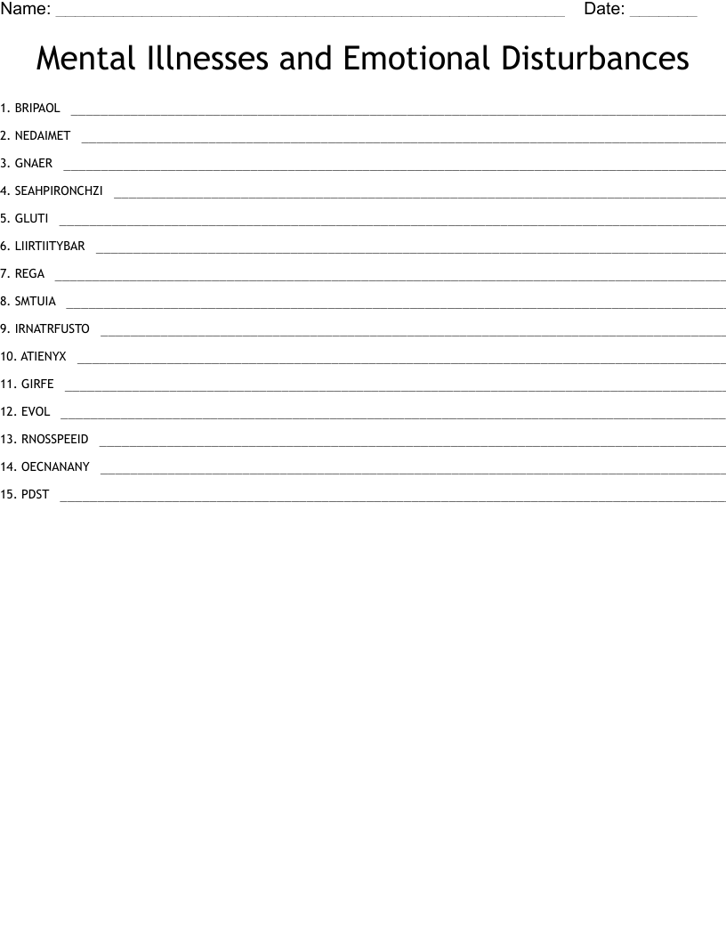 Mental Illnesses and Emotional Disturbances Word Scramble WordMint