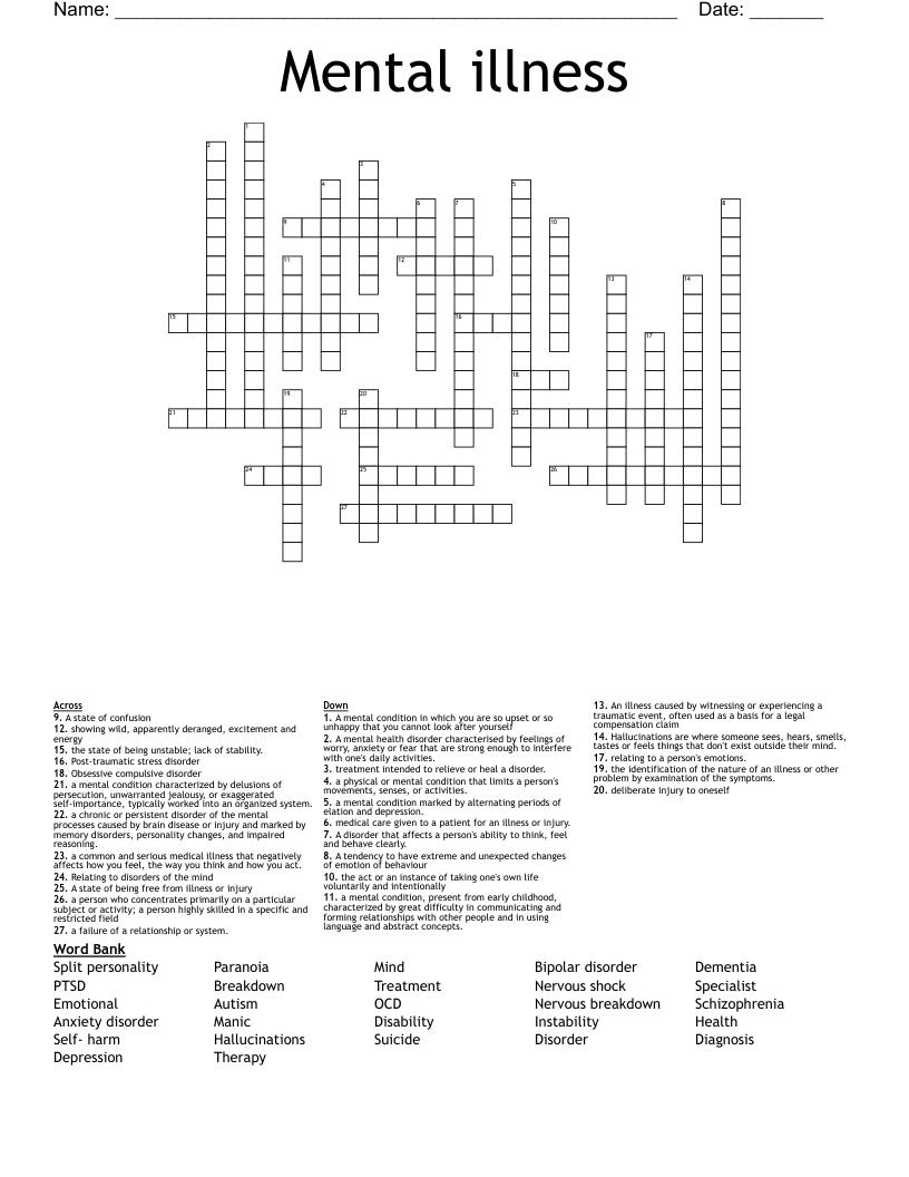 Mental Health Crossword Puzzle Answer Key Eugene Whisler s Word Search
