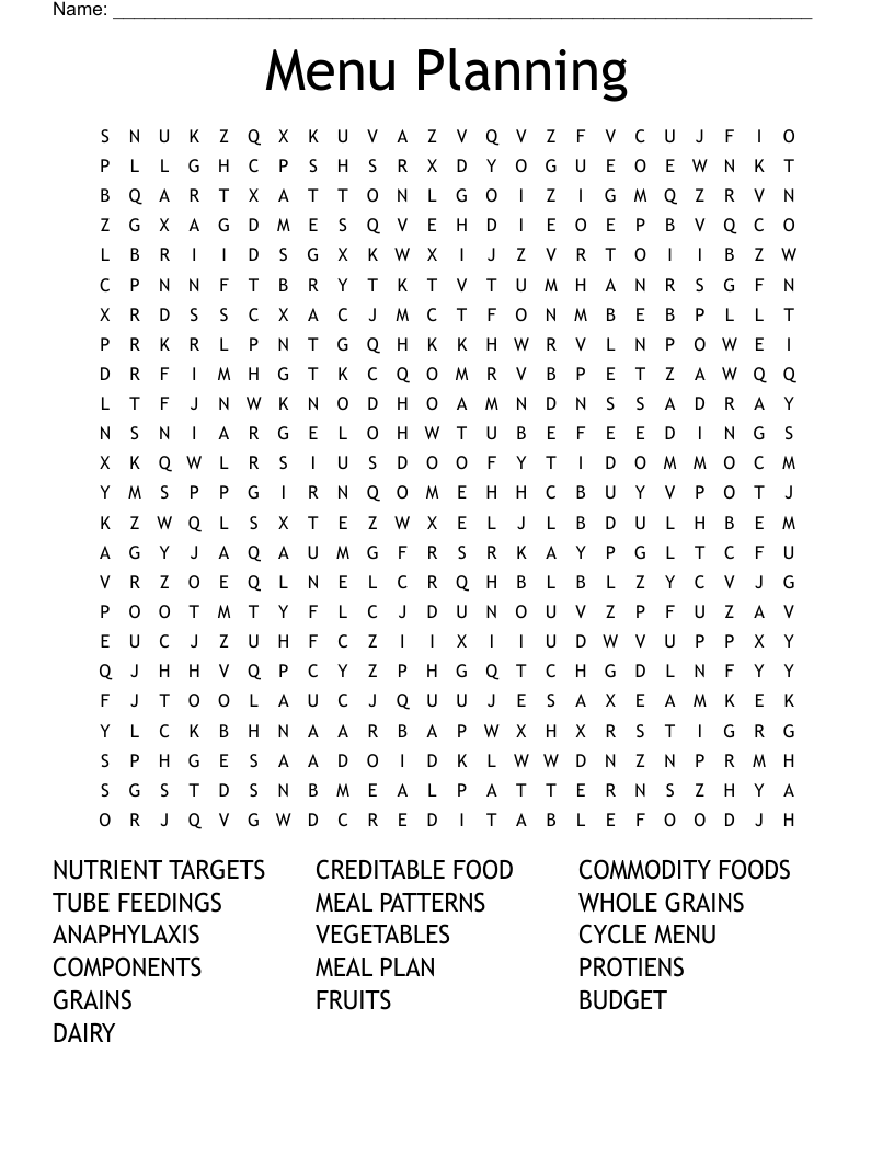 Menu Planning Word Search