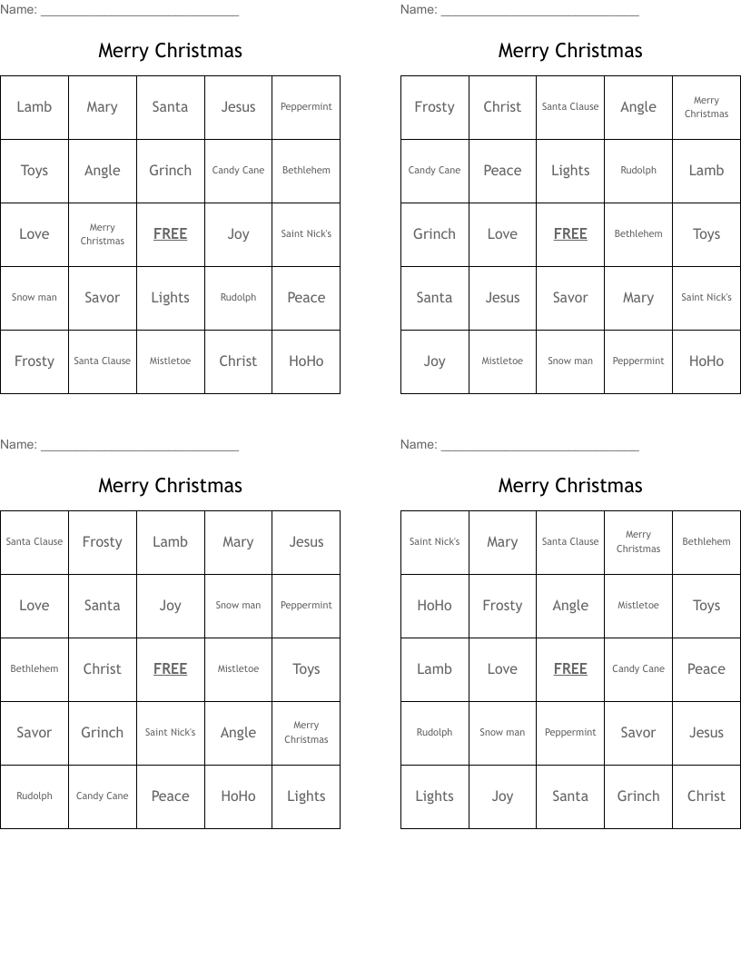 Merry Christmas Bingo Cards