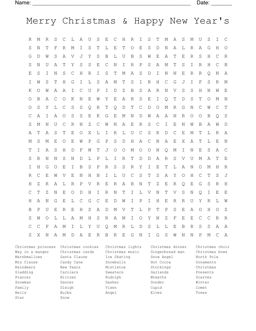 Merry Christmas & Happy New Year's Word Search
