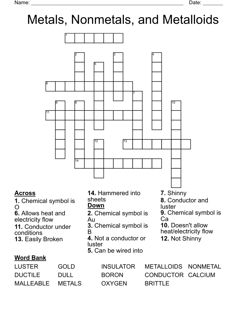 Metals, Nonmetals, and Metalloids  Crossword