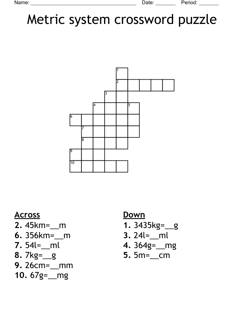 Metric System Crossword Puzzle WordMint