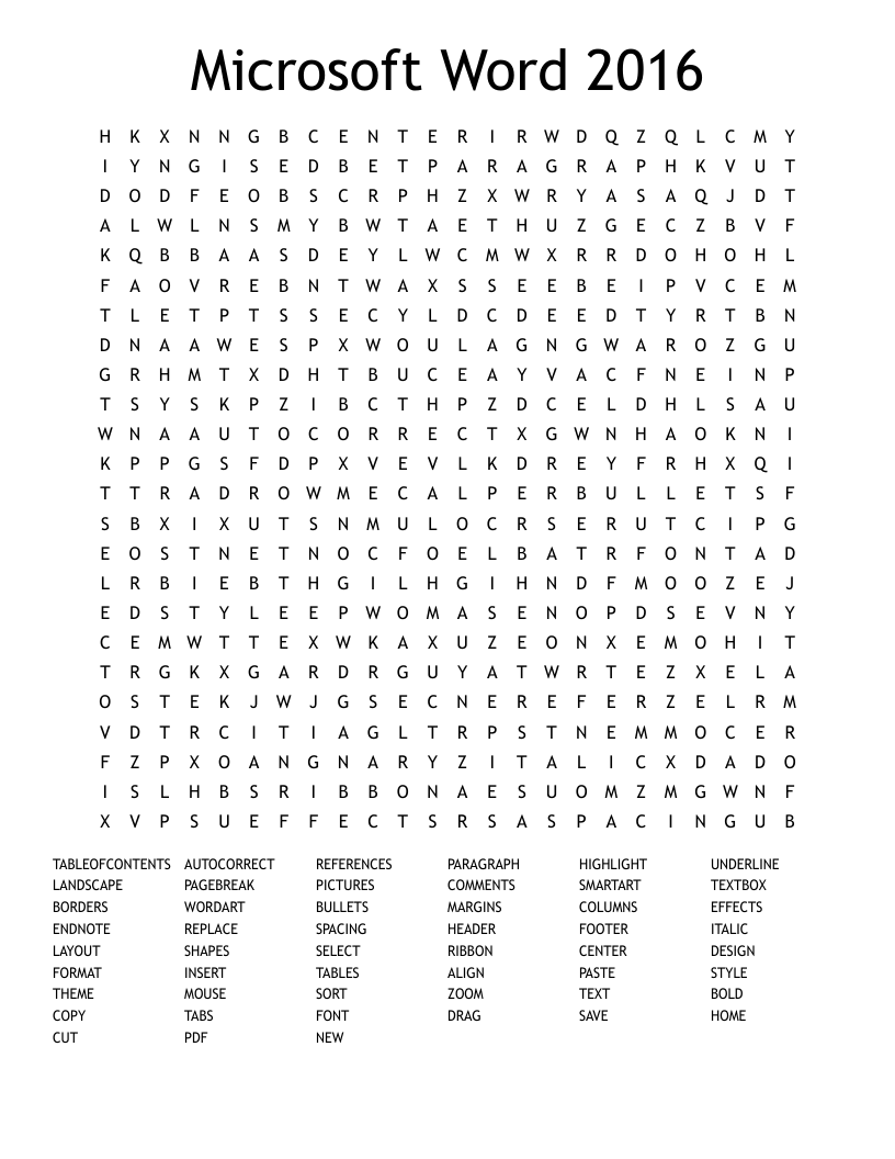 Microsoft Word 2016 Word Search