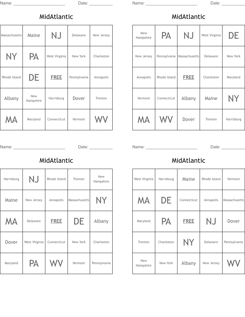 MidAtlantic Bingo Cards