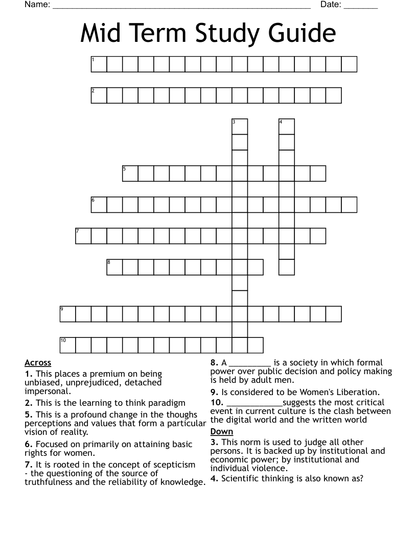 Mid Term Study Guide Crossword