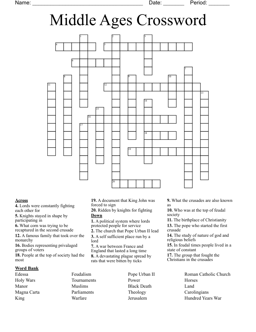 Middle Ages Crossword Puzzle