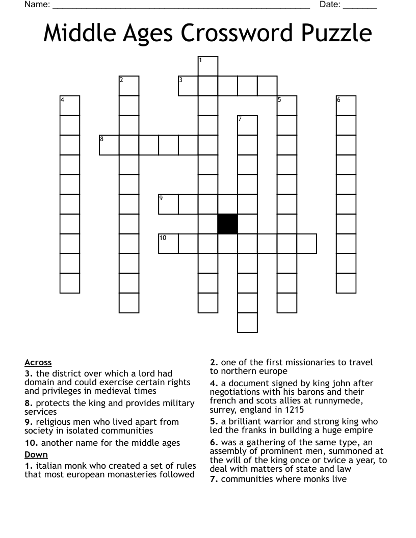 Middle Ages Crossword Puzzle