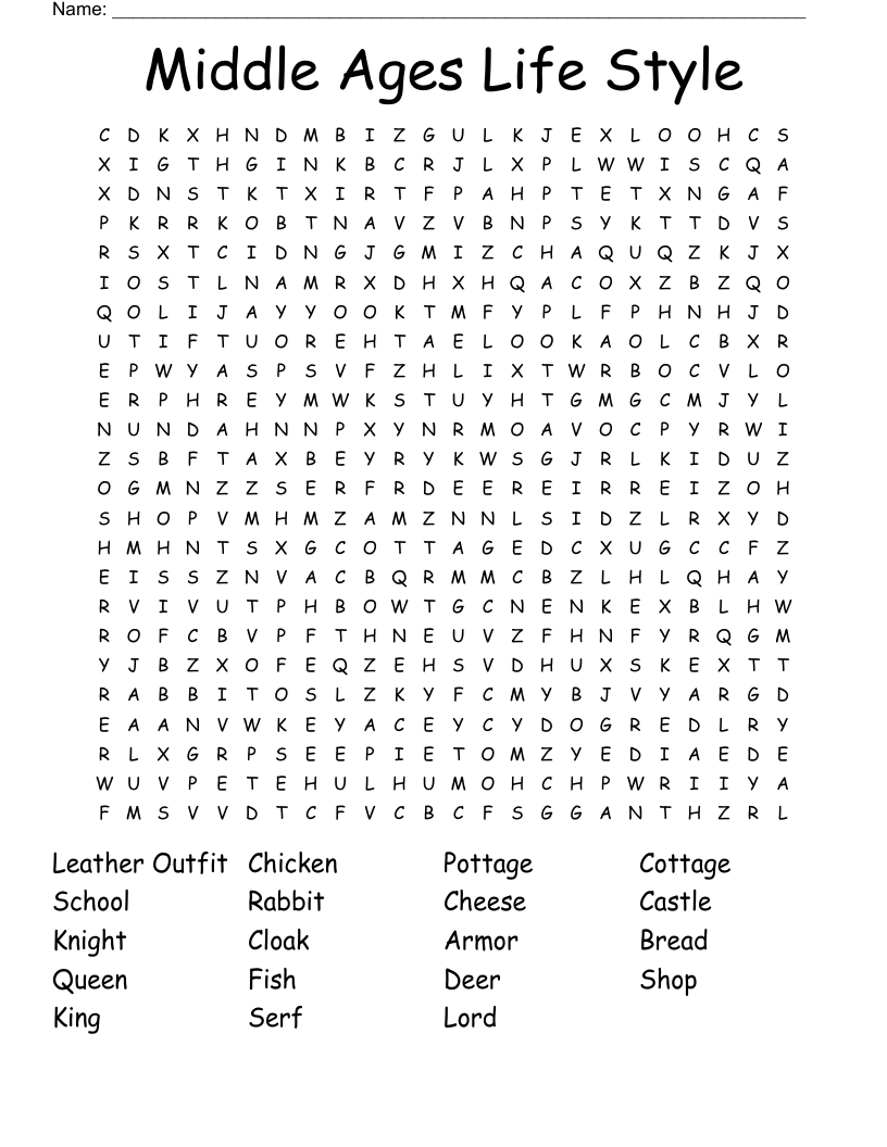 Middle Ages Life Style Word Search