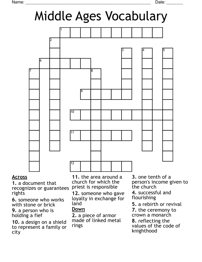 Middle Ages Vocabulary Crossword