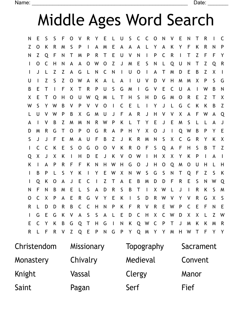 Middle Ages Word Search WordMint