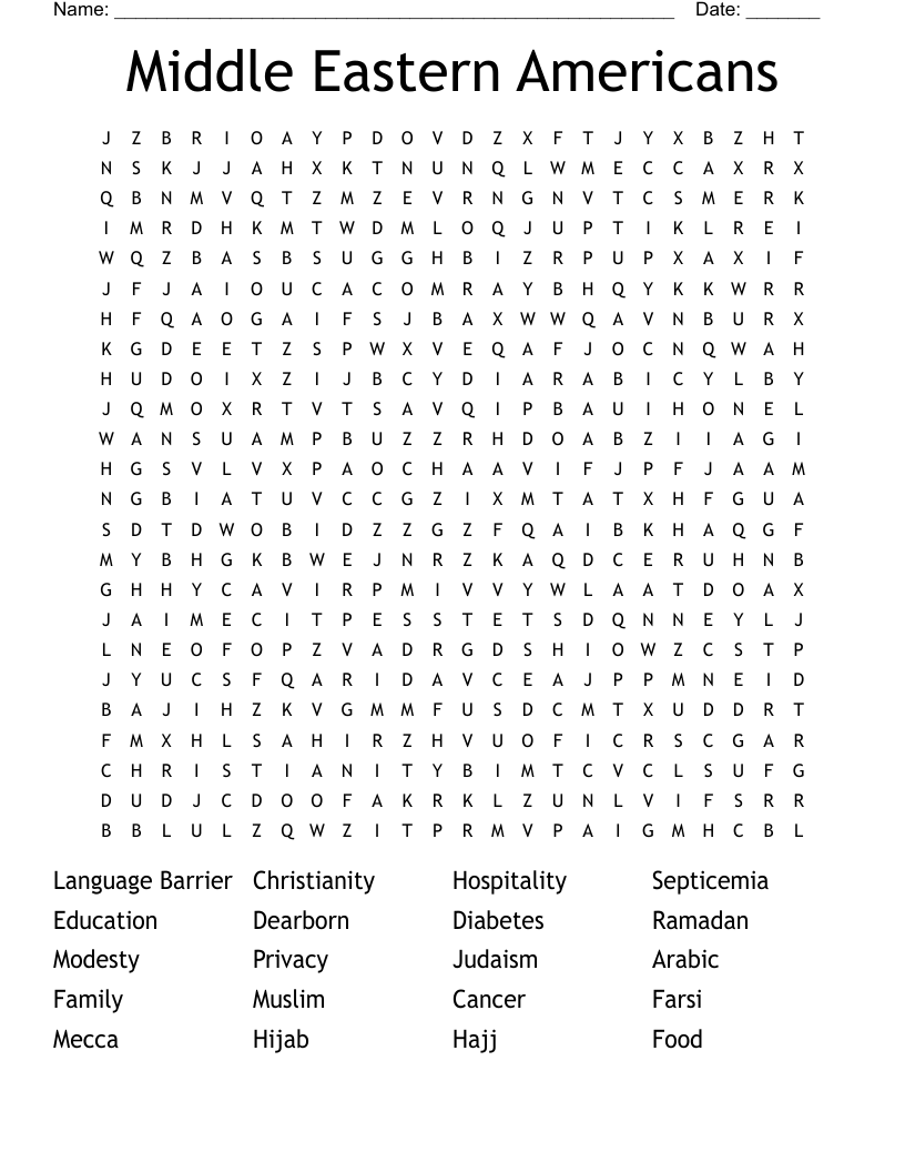 Middle Eastern Americans Word Search