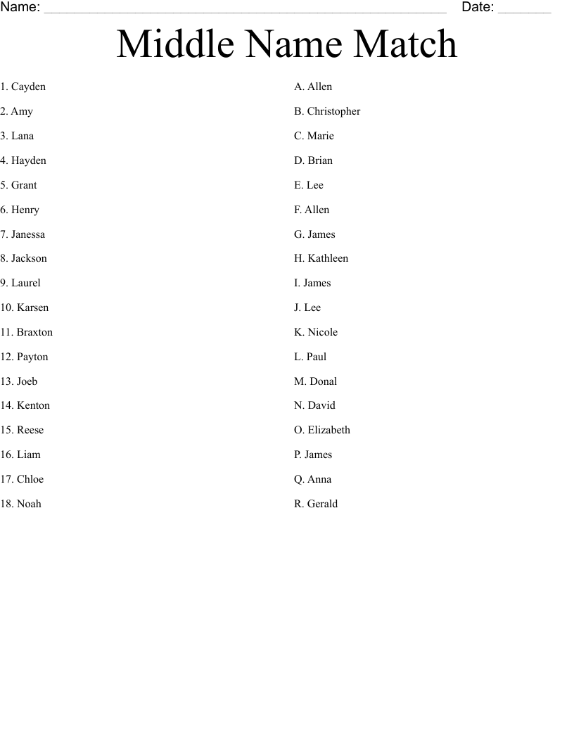 Middle Name Match Worksheet