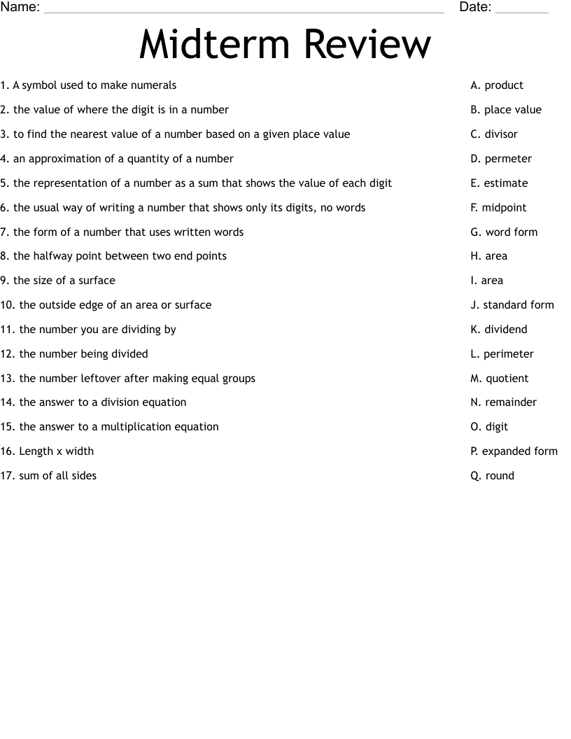 Midterm Review Worksheet - WordMint
