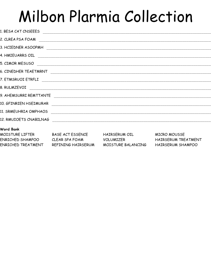 Milbon Plarmia Collection Word Scramble