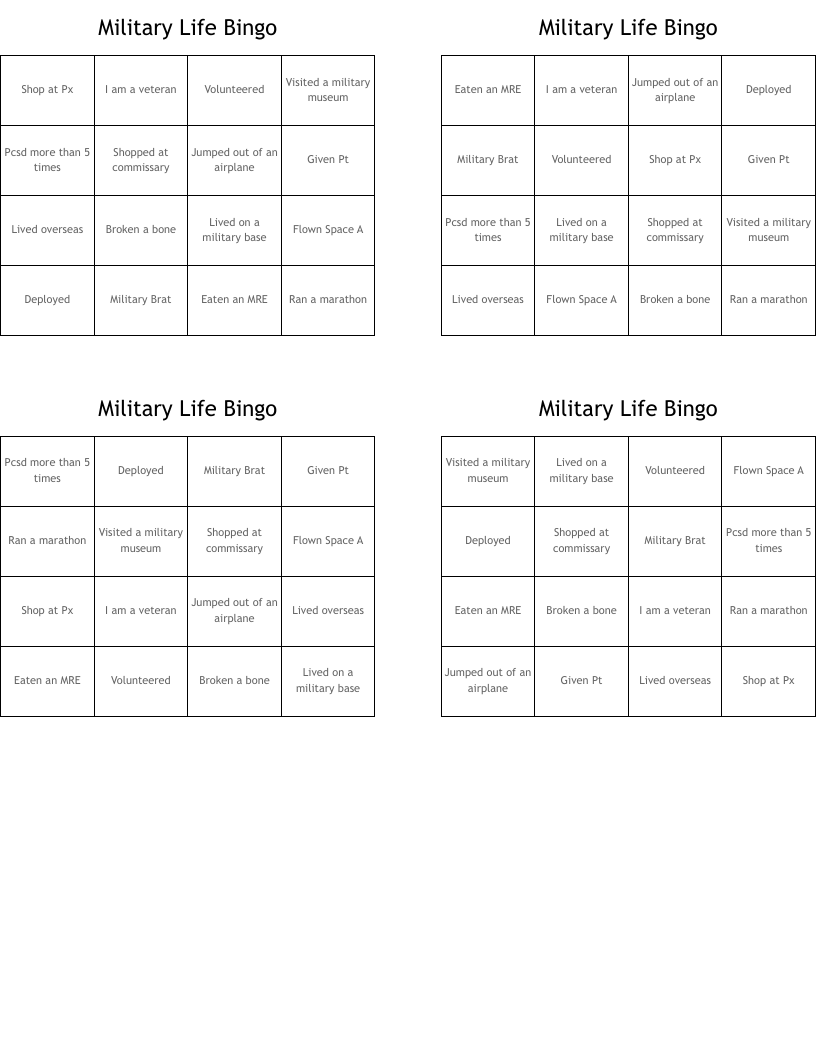 Military Life Bingo