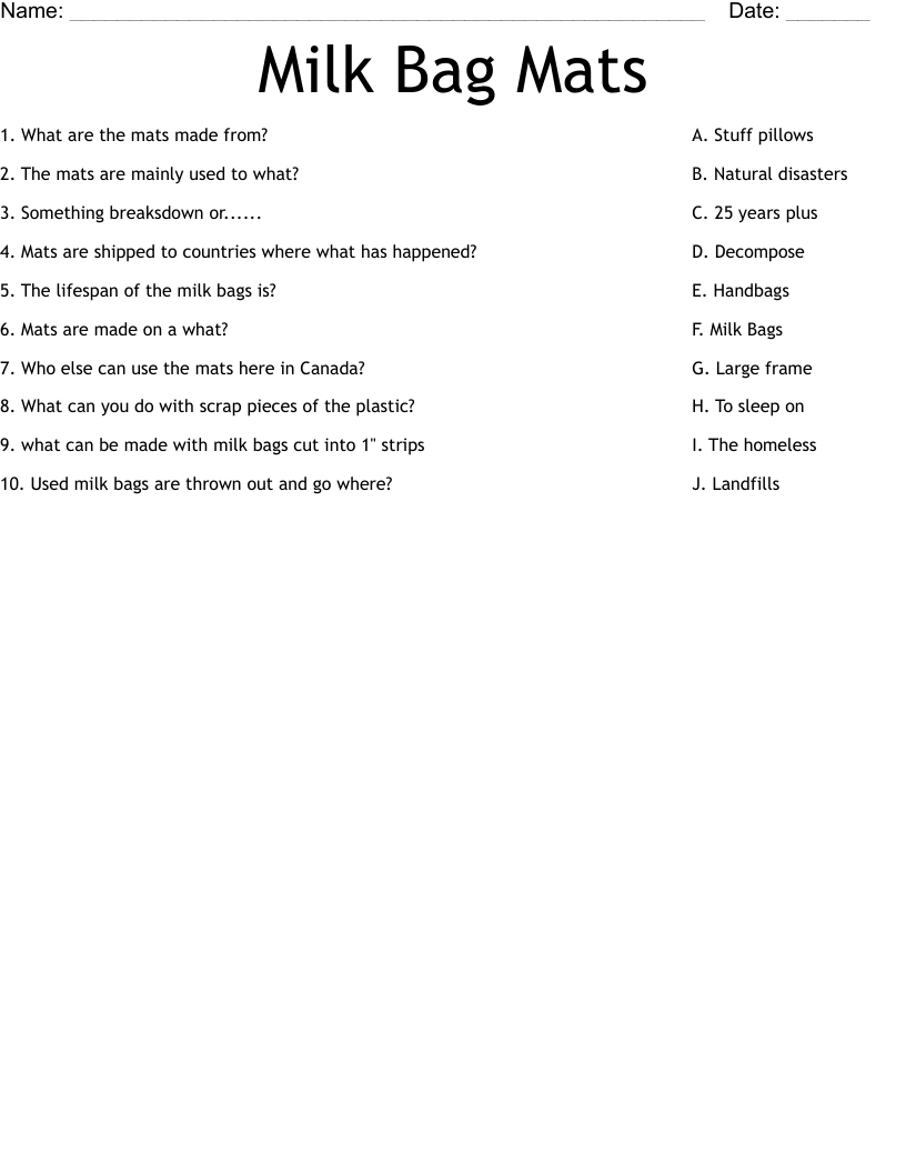 Milk Bag Mats Worksheet