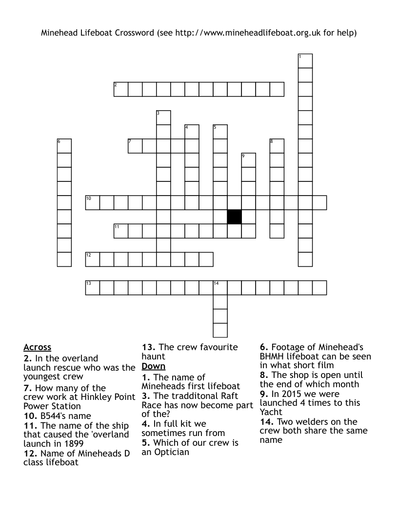 Minehead Lifeboat Crossword (see http://www.mineheadlifeboat.org.uk for help)